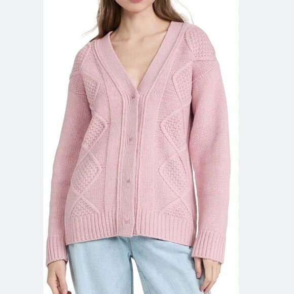 ATM Merino Wool Cable Knit Cardigan Sweater Pink L - Picture 1 of 10